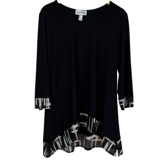 Joseph Ribkoff Macrame Black White 3/4 Sleeve High Lo Tunic Size 14 - Picture 4 of 9